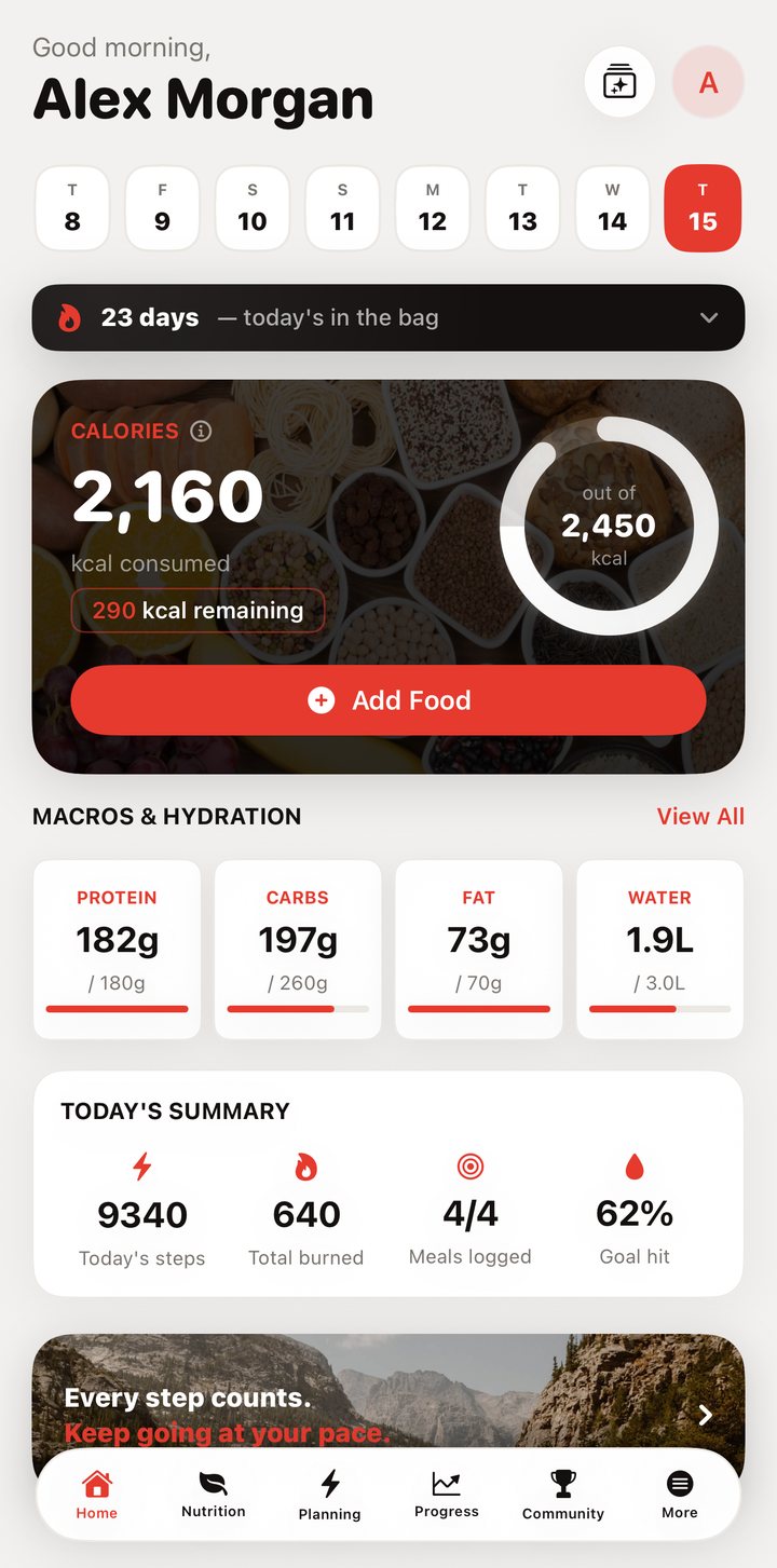 The GHOST home screen with calories, macros and streak